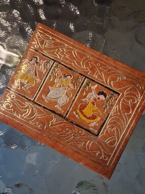 Handcrafted Leather Wallet with Painted Indian Dance Motif - Brown